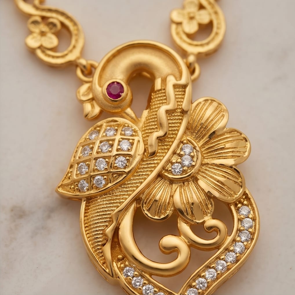 Aarvika Peacock & Floral Pendant Necklace Set - Gold-Plated Designer Pendant with Matching Earrings