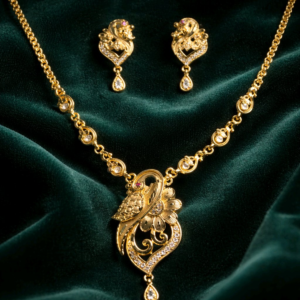 Aarvika Peacock & Floral Pendant Necklace Set - Gold-Plated Designer Pendant with Matching Earrings