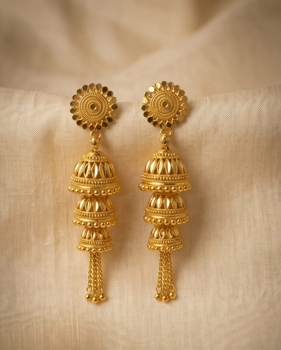 Aarvika Traditional Gold-Tone Layered Tassel Jhumka Earrings