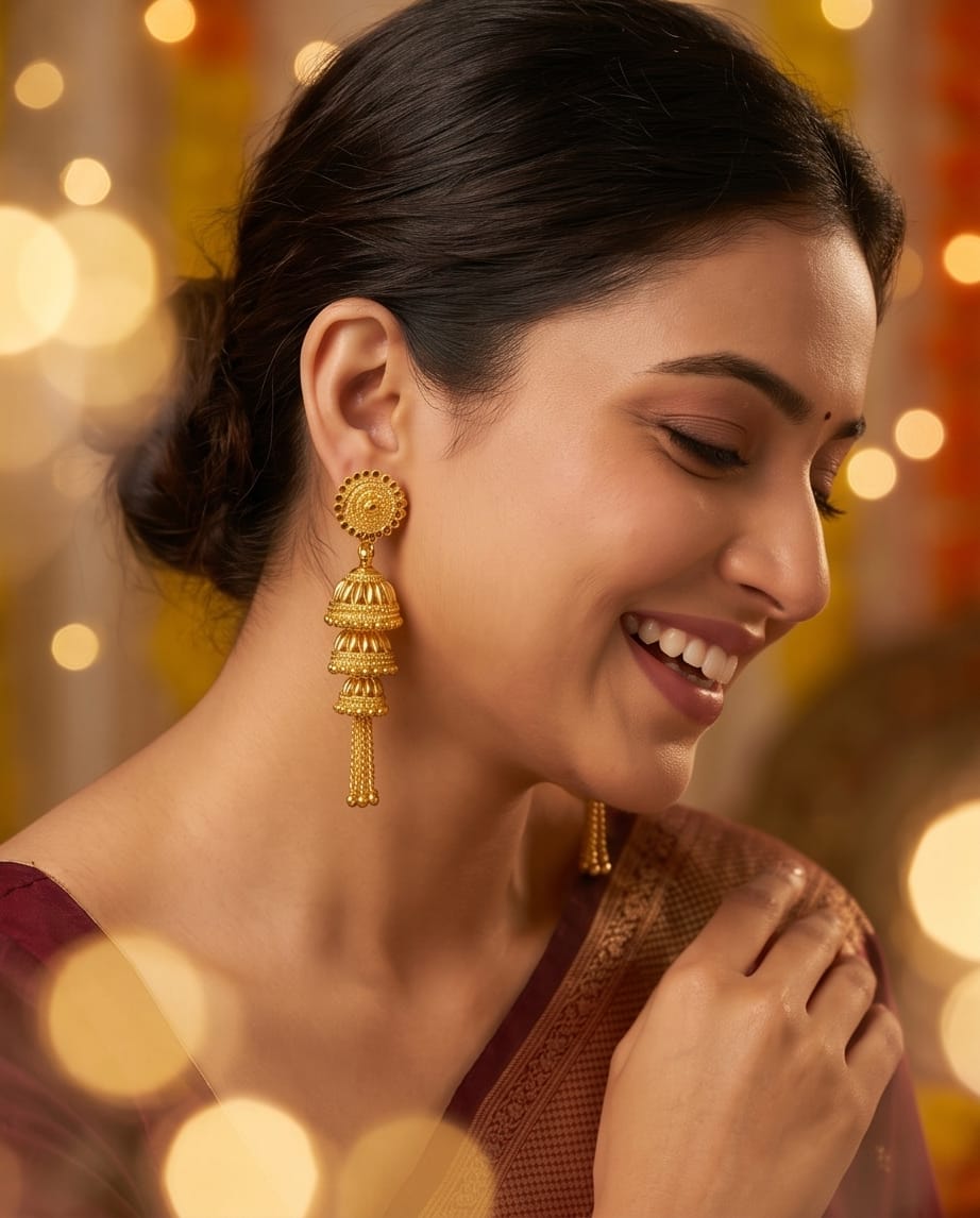 Aarvika Traditional Gold-Tone Layered Tassel Jhumka Earrings