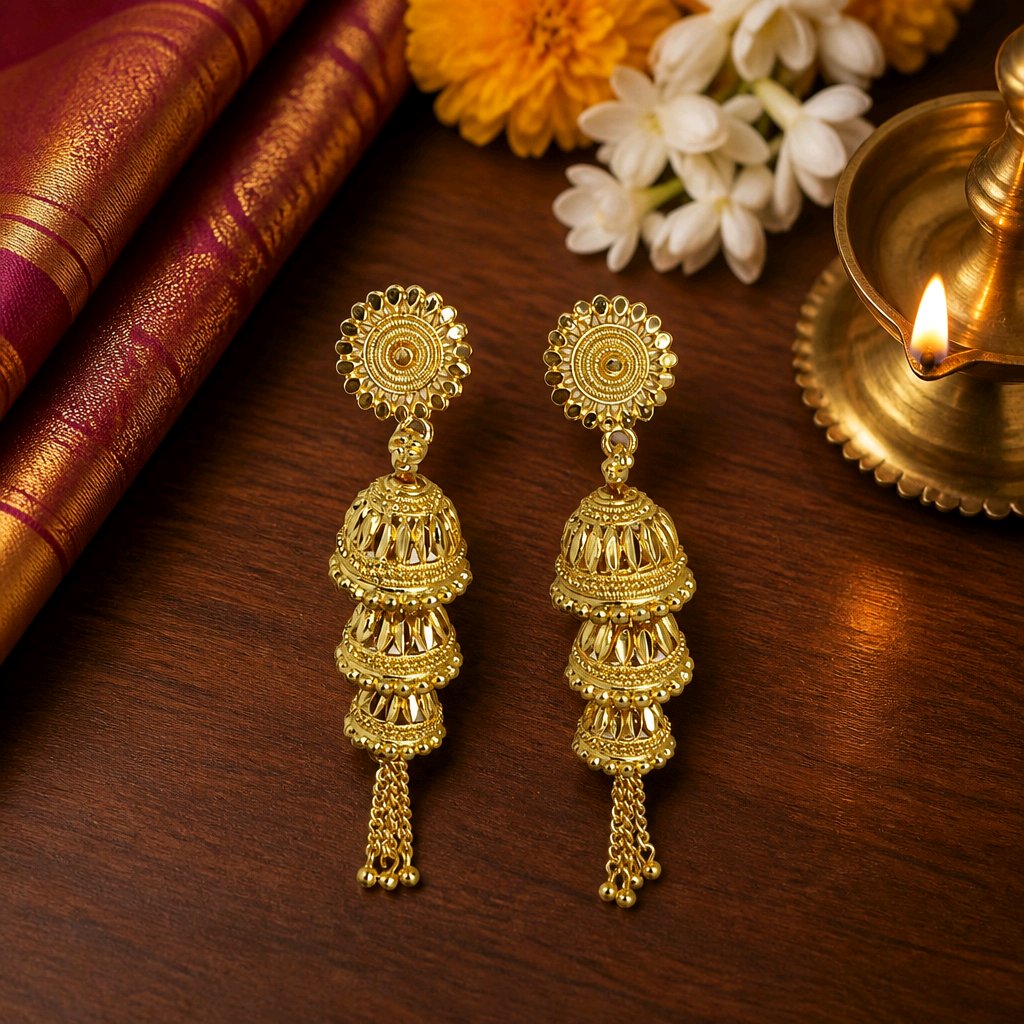 Aarvika Traditional Gold-Tone Layered Tassel Jhumka Earrings