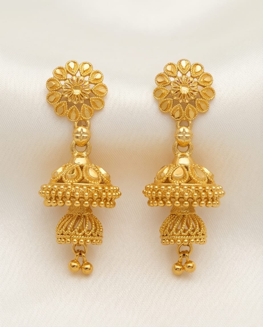 Aarvika Gold-Tone Traditional Floral Double Jhumka Earrings