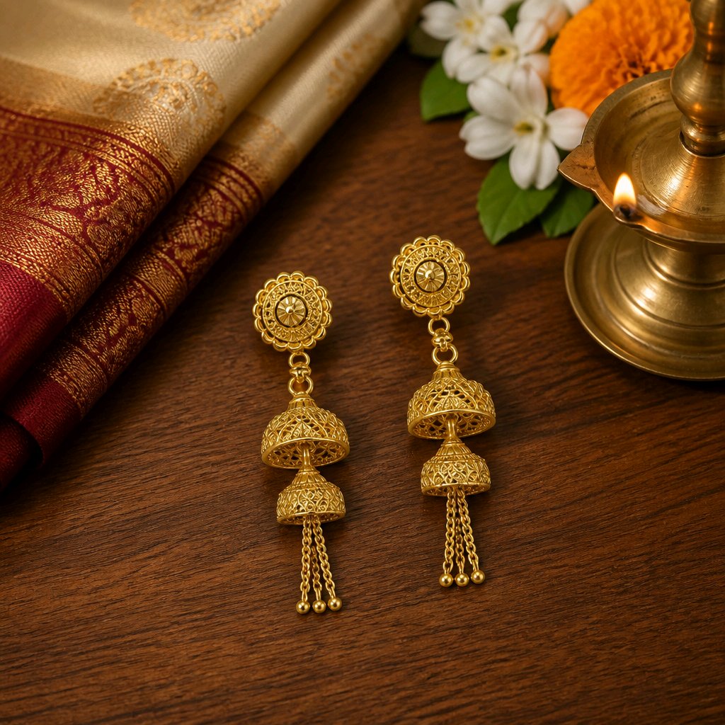 Aarvika Gold-Tone Filigree Jhumki Tassel Earrings