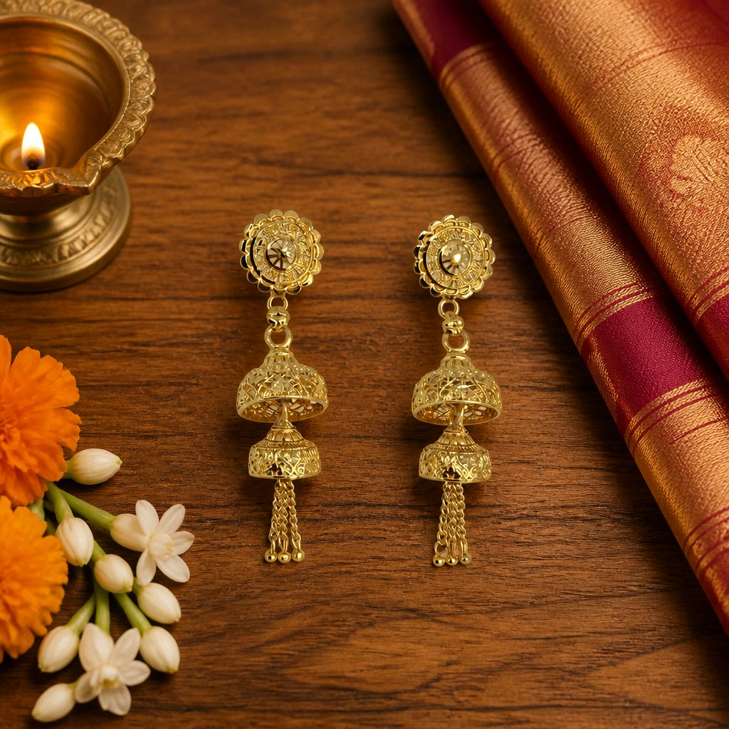 Aarvika Gold-Tone Filigree Jhumki Tassel Earrings