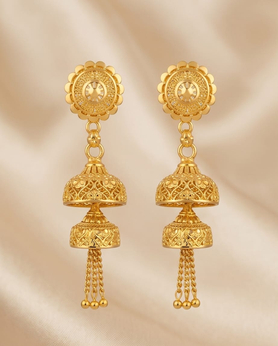 Aarvika Gold-Tone Filigree Jhumki Tassel Earrings