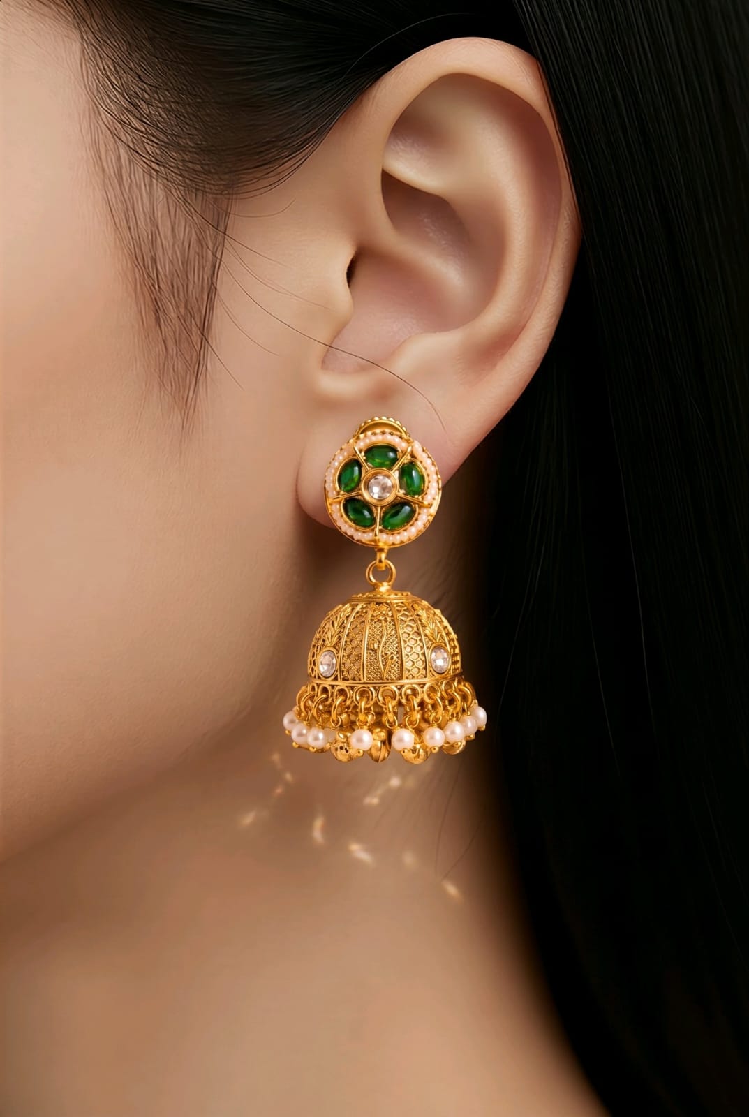 Aarvika Green Stone Pearl Jhumka Earrings
