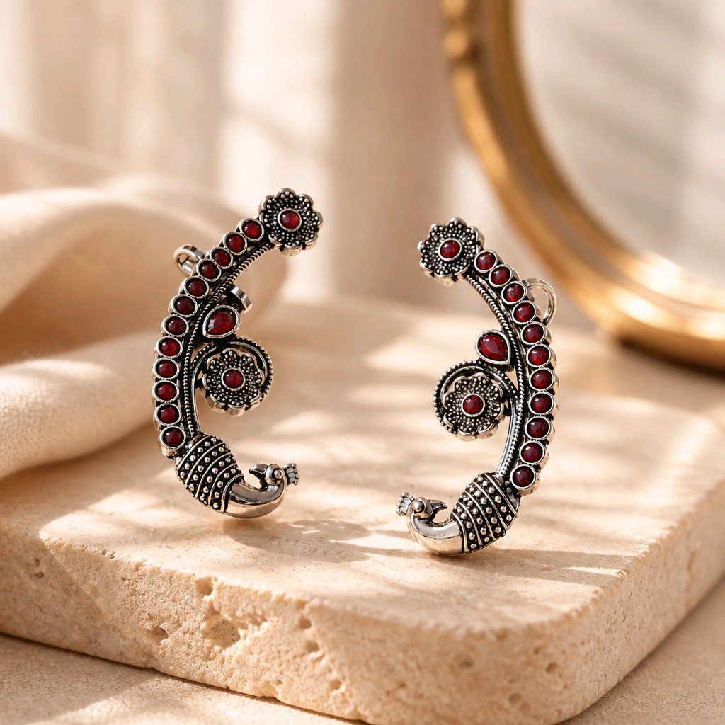 Aarvika Oxidized Peacock Ear Cuff Earrings