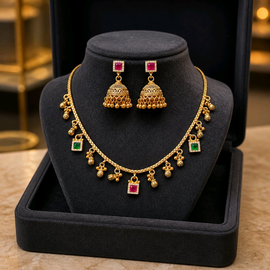 Aarvika Multicolor Stone Charm Necklace Set with Designer Jhumka – full set