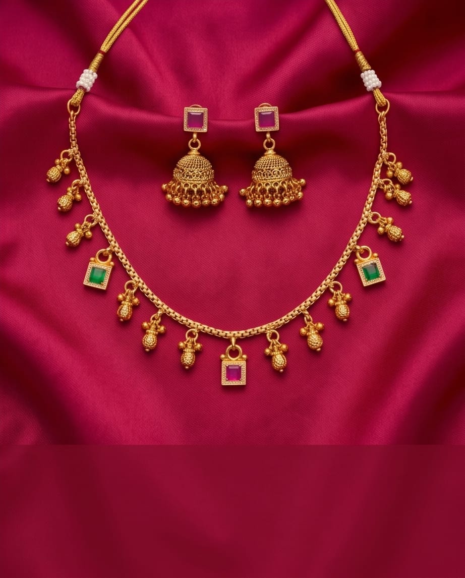 Aarvika Multicolor Stone Charm Necklace Set with Designer Jhumka – detail shot
