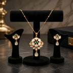 Aarvika Emerald Stone 18K Gold-Plated Emerald Floral Pendant Set with Ethnic – back view