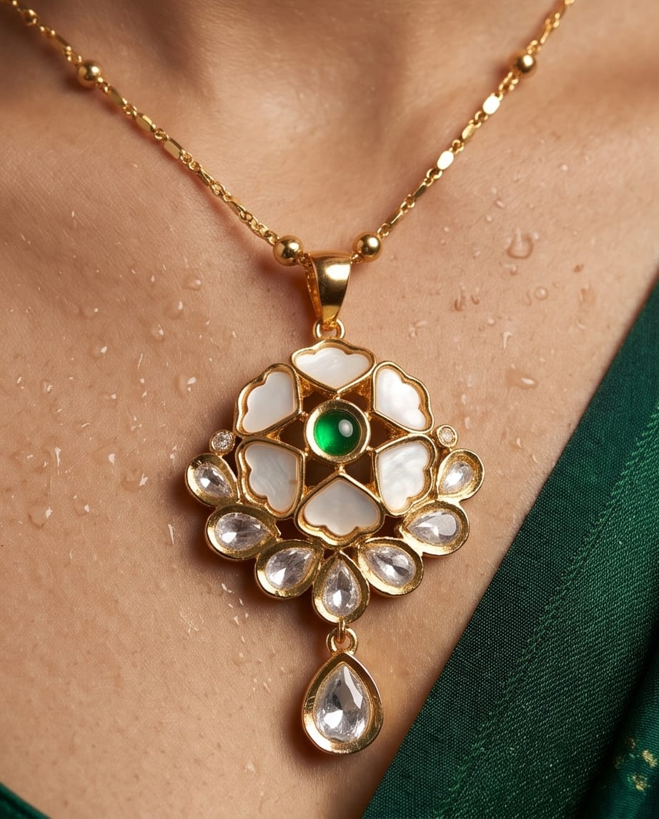 Aarvika Emerald Stone 18K Gold-Plated Emerald Floral Pendant Set with Ethnic – close-up detail
