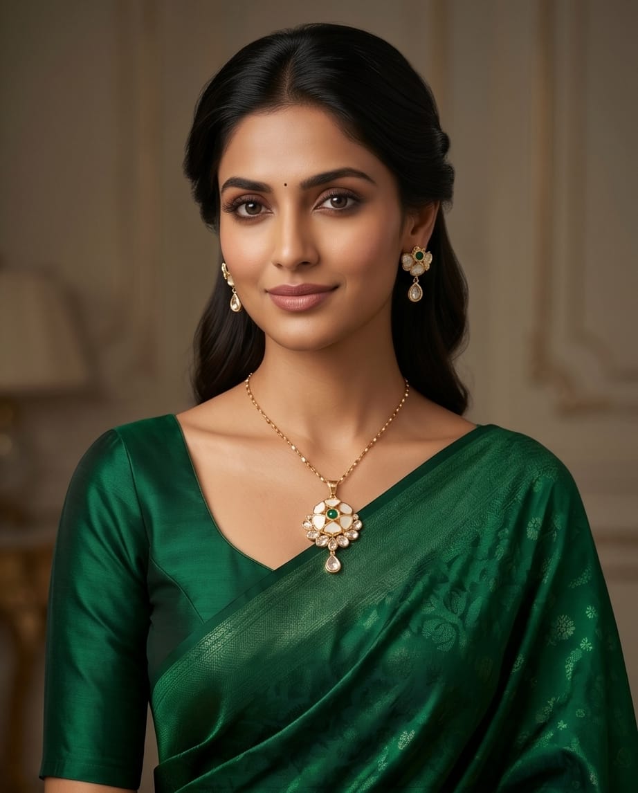 Aarvika Emerald Stone 18K Gold-Plated Emerald Floral Pendant Set with Ethnic – side view