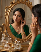 Aarvika Emerald Stone 18K Gold-Plated Emerald Floral Pendant Set with Ethnic – flat lay