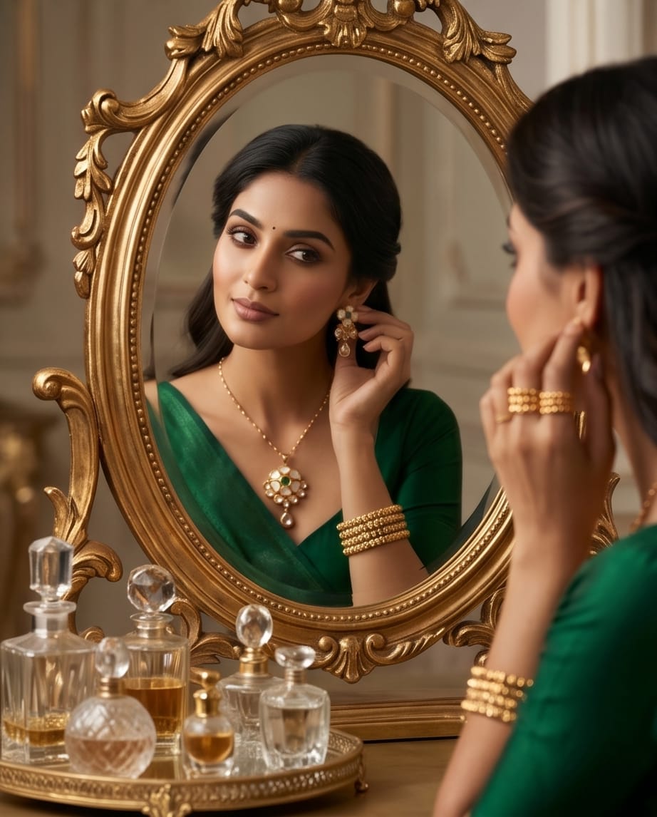 Aarvika Emerald Stone 18K Gold-Plated Emerald Floral Pendant Set with Ethnic – flat lay