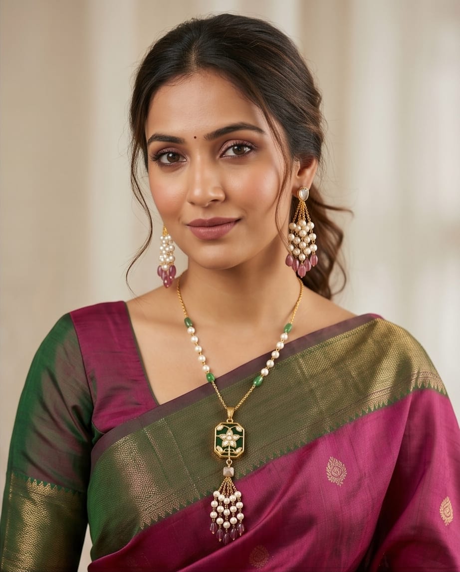Aarvika Premium Gold-Plated Floral Pendant Necklace Set with Pearl