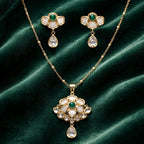 Aarvika Emerald Stone 18K Gold-Plated Emerald Floral Pendant Set with Ethnic – front view
