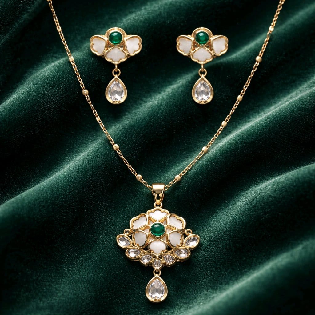 Aarvika Emerald Stone 18K Gold-Plated Emerald Floral Pendant Set with Ethnic – front view