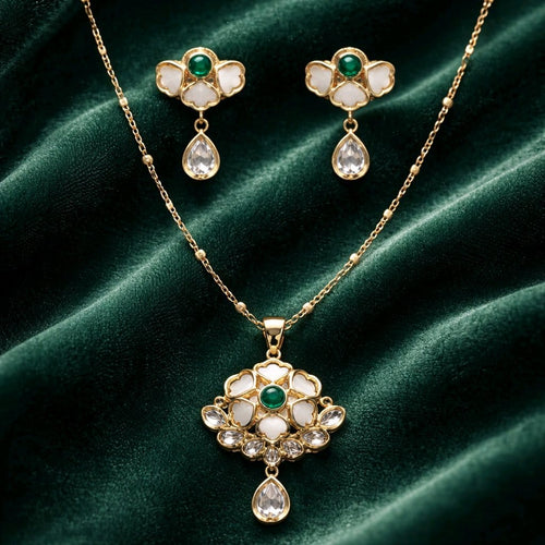 Aarvika Emerald Stone 18K Gold-Plated Emerald Floral Pendant Set with Ethnic – front view