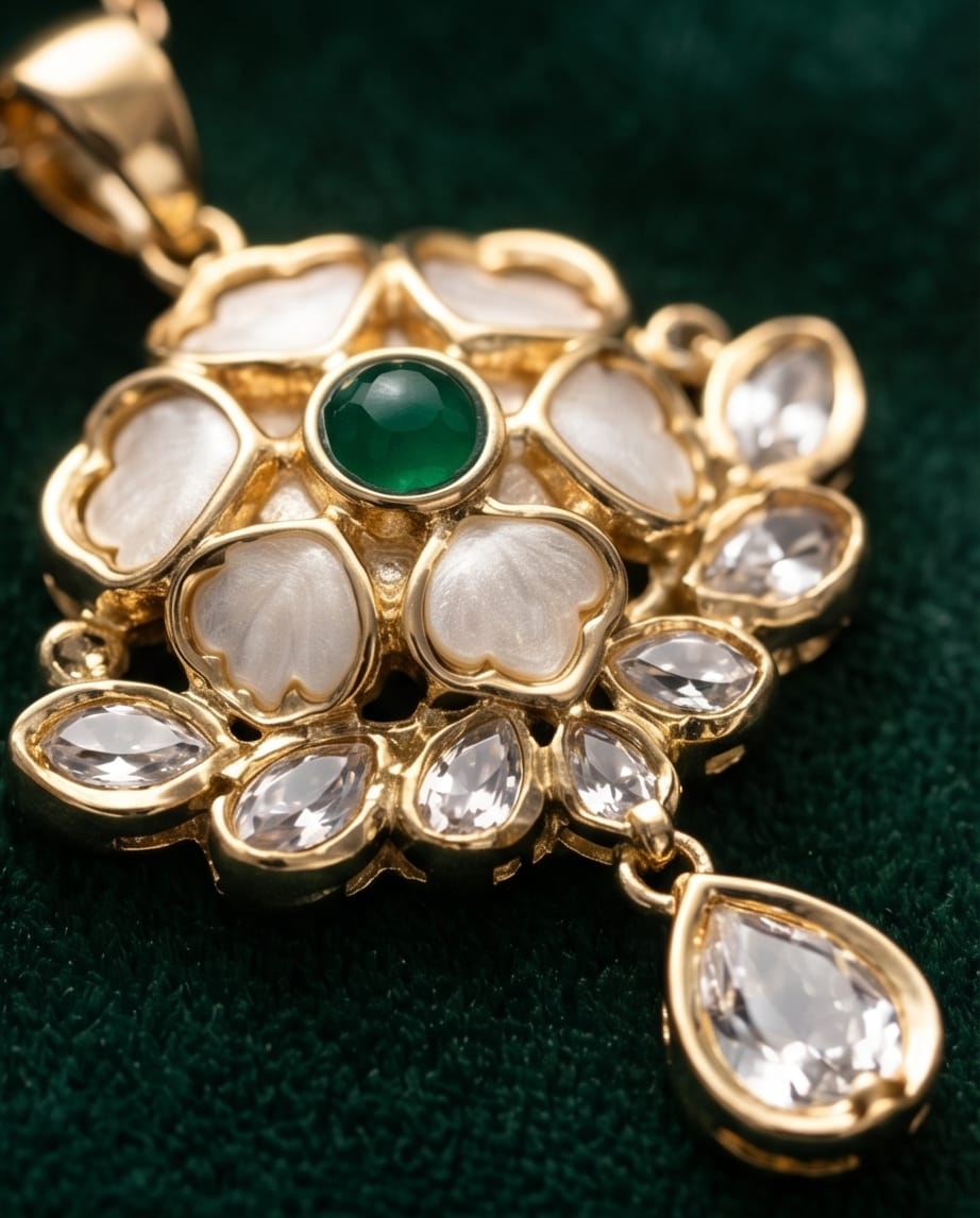 Aarvika Emerald Stone 18K Gold-Plated Emerald Floral Pendant Set with Ethnic – model wearing