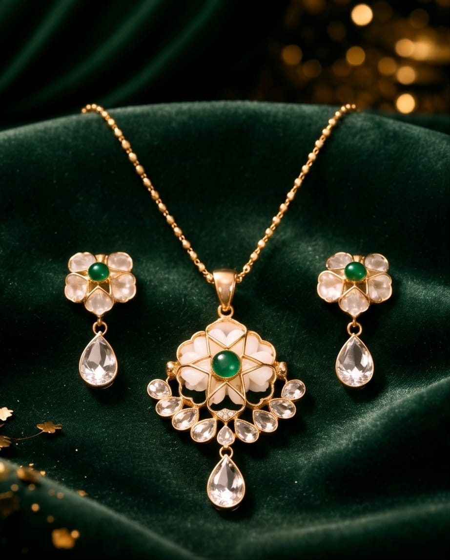 Aarvika Emerald Stone 18K Gold-Plated Emerald Floral Pendant Set with Ethnic – detail shot