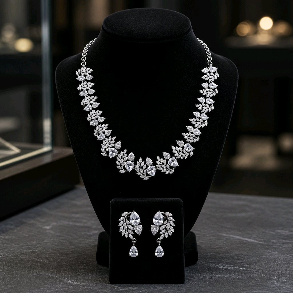 Aarvika American Diamond Premium AD Crystal Necklace Set – flat lay