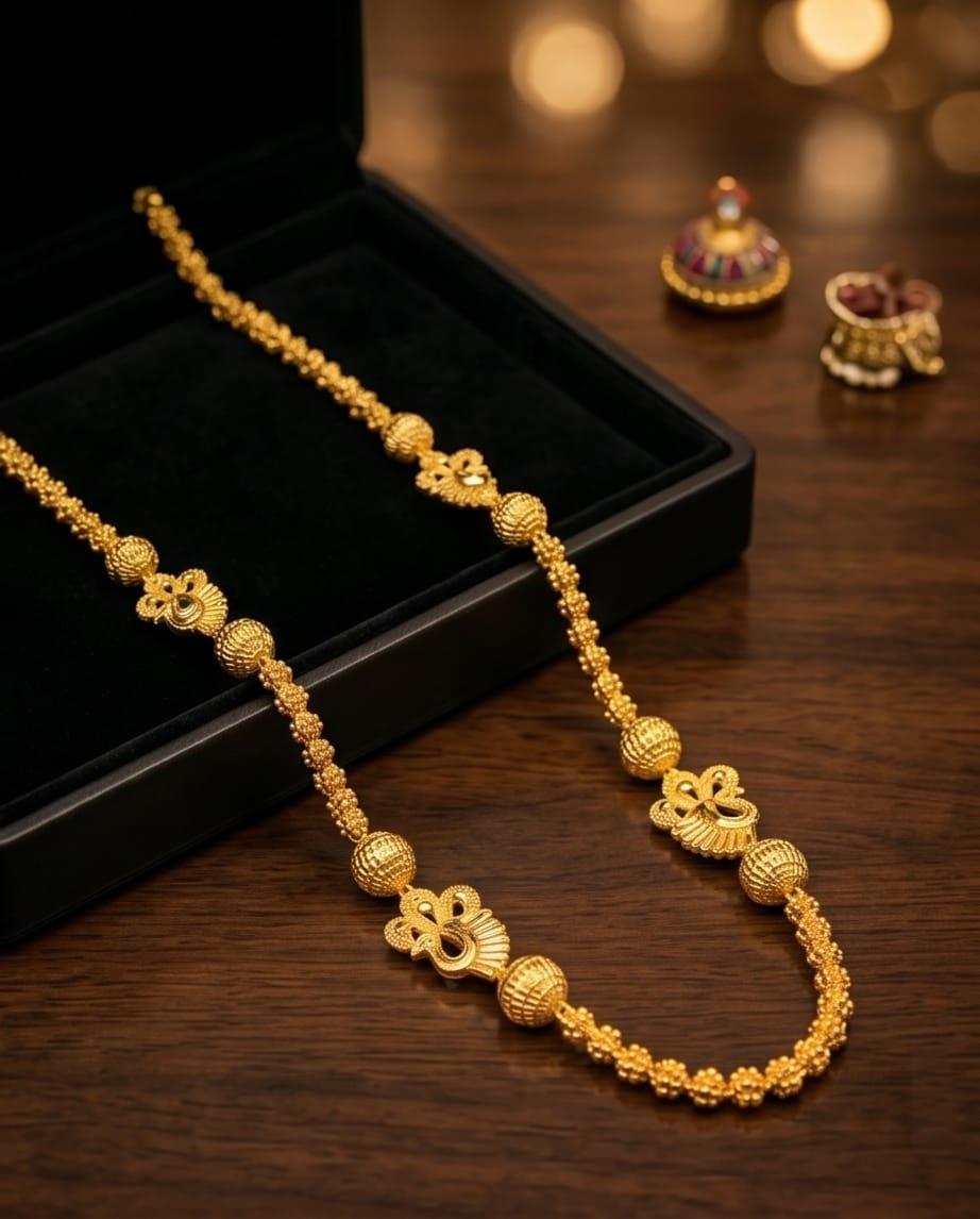 Aarvika Peacock Motif 1.5 GM Gold Forming Long Chain Necklace