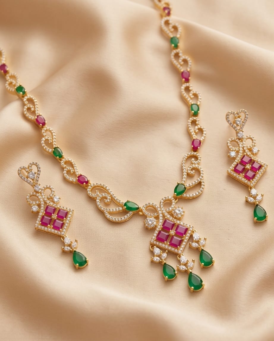 Aarvika Premium Pink & Green AD Necklace Set