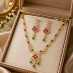 Aarvika Premium Pink & Green AD Necklace Set