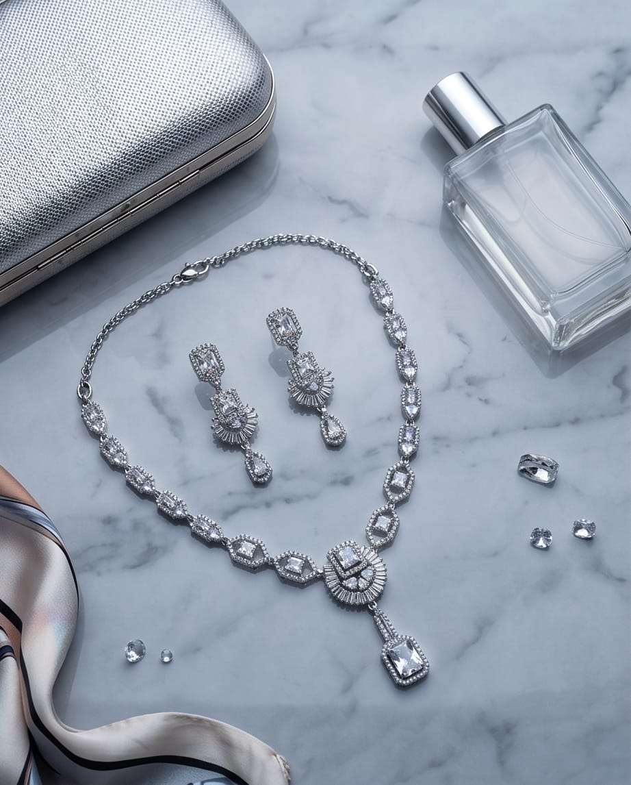 Aarvika Premium Silver AD Necklace Set