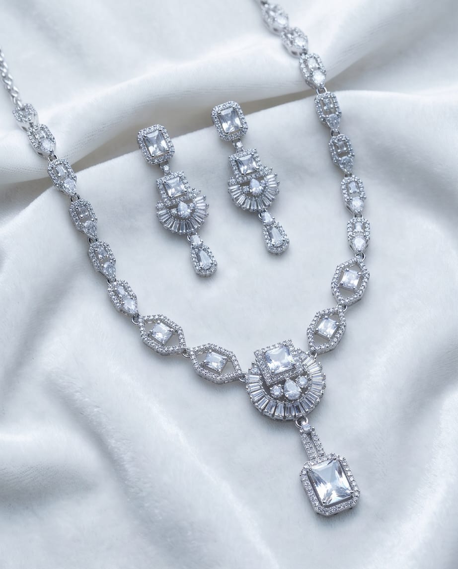Aarvika Premium Silver AD Necklace Set
