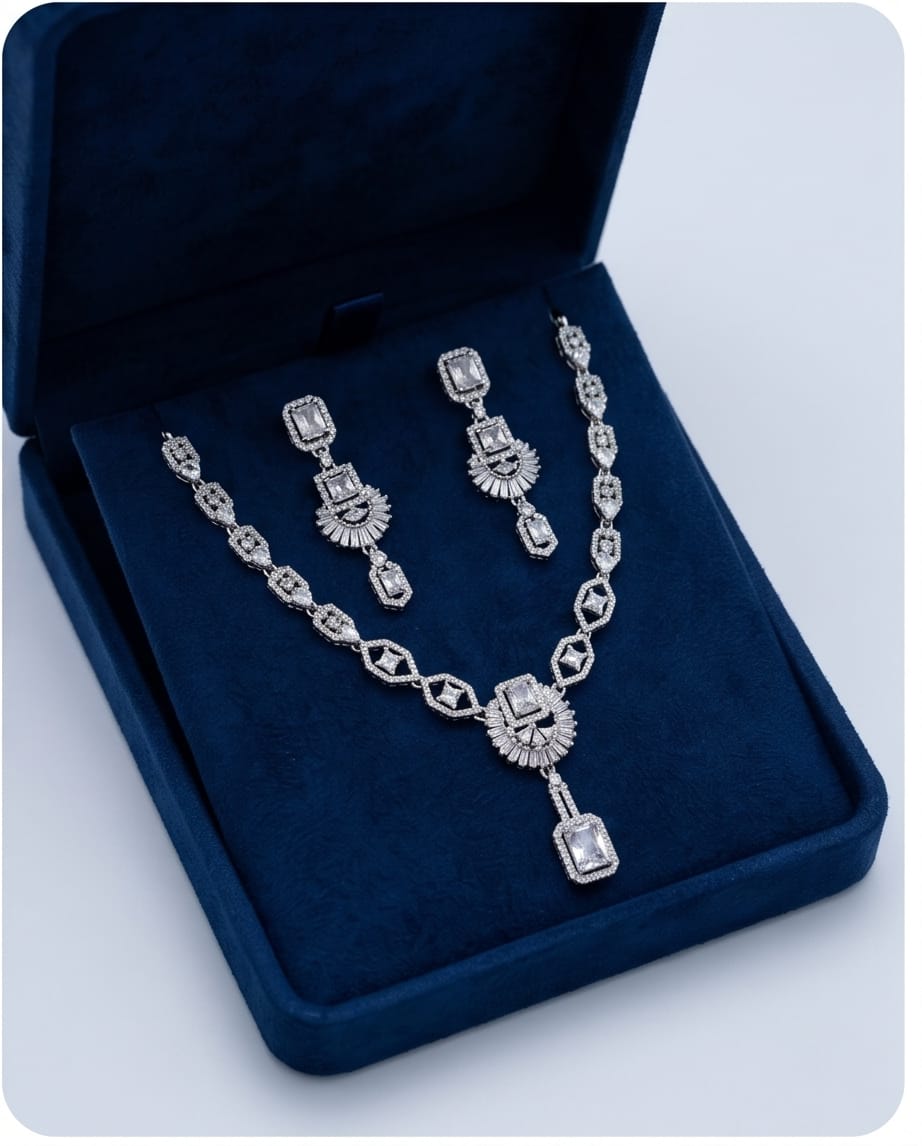 Aarvika Premium Silver AD Necklace Set