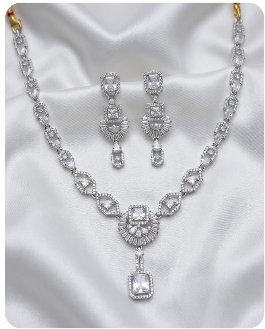 Aarvika Premium Silver AD Necklace Set