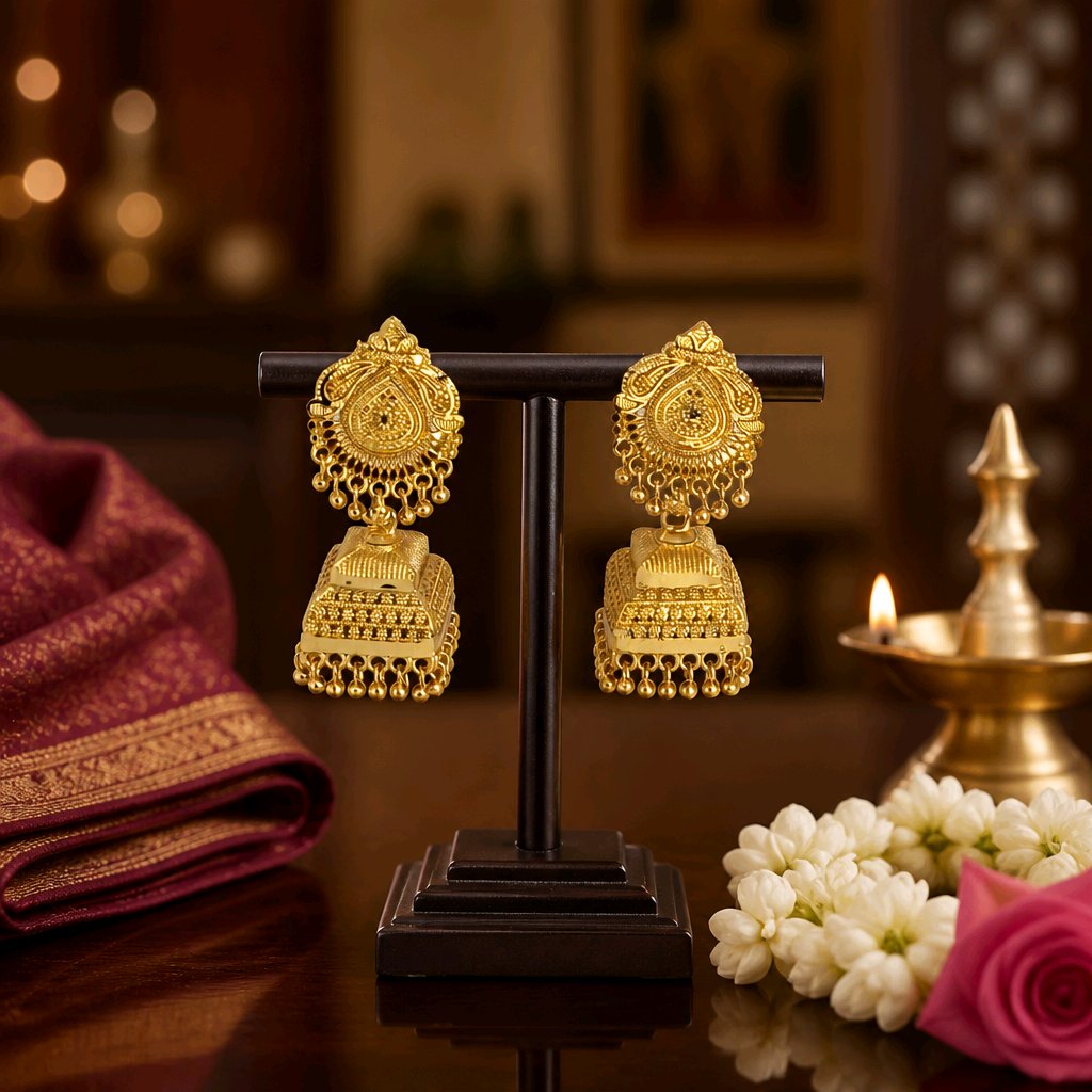Aarvika Traditional Temple-Inspired Designer Gold-Tone Jhumka Earrings
